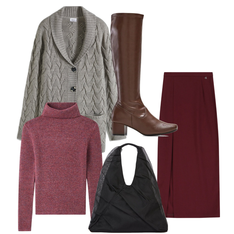Outfit donna - In cardigan. Stile Bon Ton per Ufficio. Abbinamento con cardigans, stivali, maglieria, gonne lunghe, shopping bag.