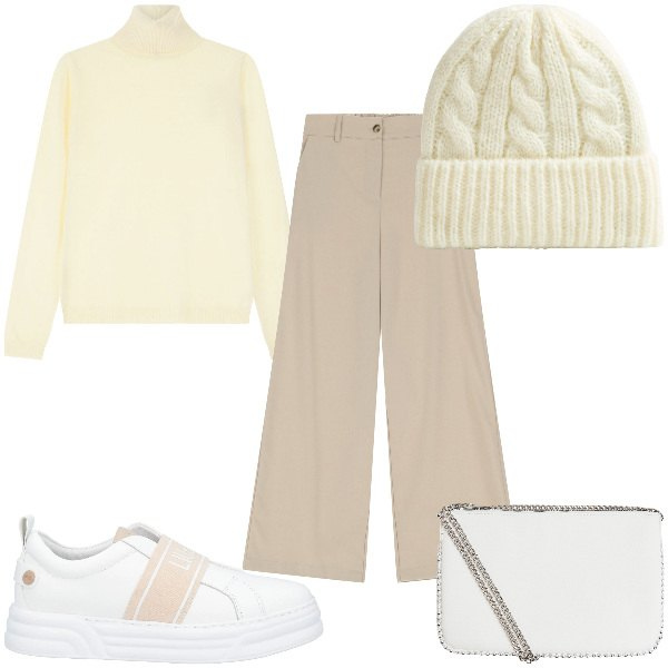 Outfit donna - Total look #2045888. per Tutti i giorni. Abbinamento con sneakers, berretti, borse a tracolla, maglieria, pantaloni a palazzo.