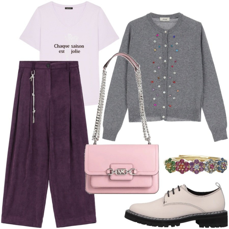 Outfit donna - Happy hour. Stile Urban per Serata fuori. Abbinamento con scarpe stringate, borse a spalla, anelli, pantaloni a palazzo, cardigans, t-shirt.