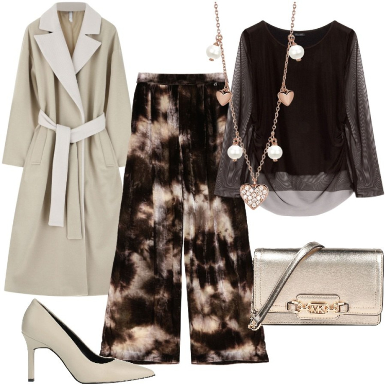 Outfit donna - Marrone e beige per la sera. Stile Glamour per Serata fuori. Abbinamento con borse a mano, décolleté, collane, cappotti, pantaloni, t-shirt.