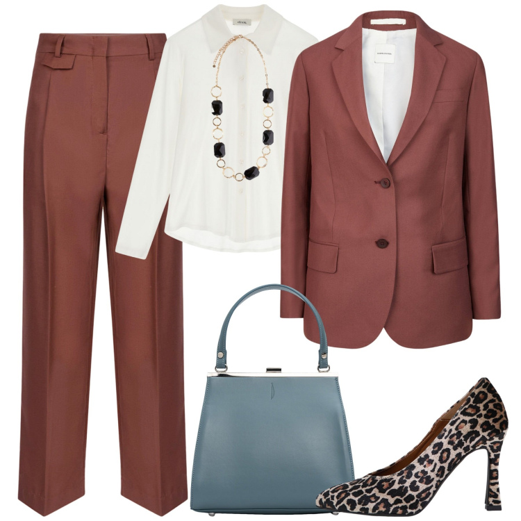 Outfit donna - In ufficio. Stile Minimal per Ufficio. Abbinamento con décolleté, collane, camicie, blazer, pantaloni, clutch.