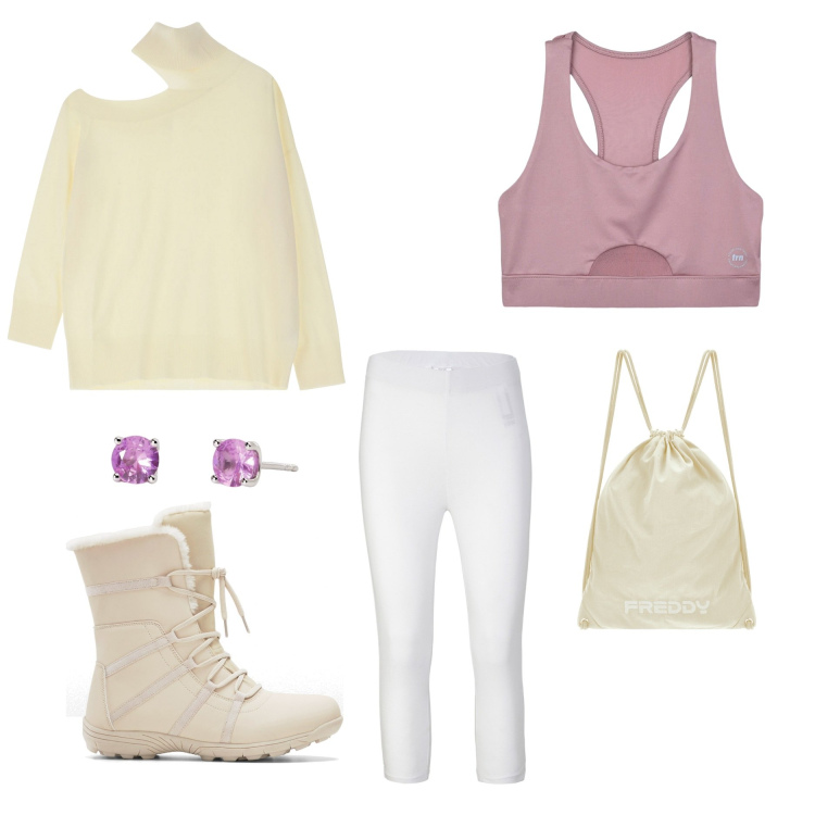 Outfit donna - Sfumature di bianco e rosa. Stile Basic per Tutti i giorni. Abbinamento con leggings, stivaletti, canottiere, orecchini, maglieria, zaini.