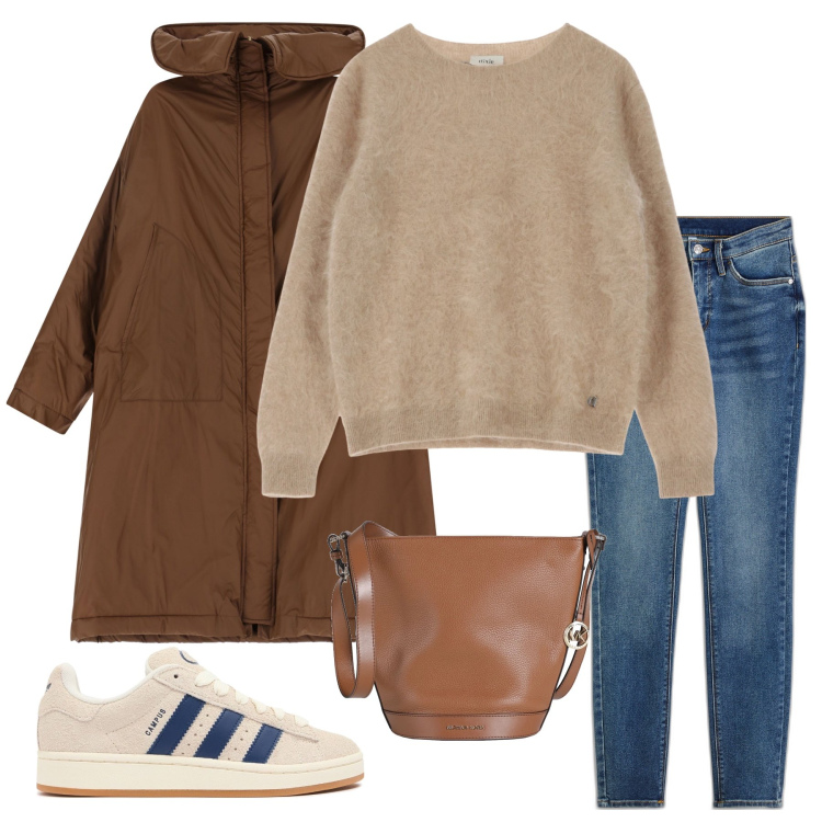 Outfit donna - Easy Weekend. Stile Casual chic per Tutti i giorni. Abbinamento con jeans skinny, borse a spalla, pullovers, parka, sneakers.