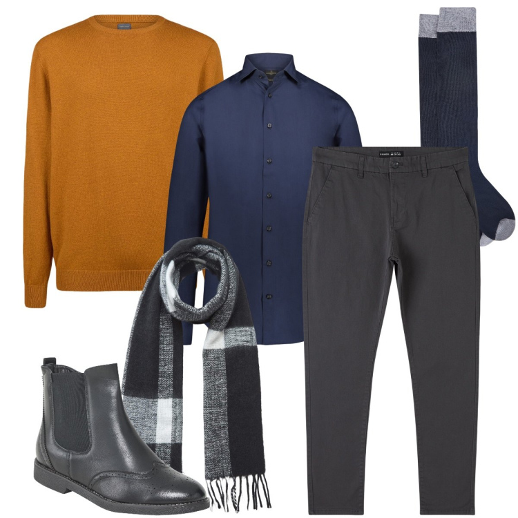 Outfit uomo - La maglia arancio. Stile Business/Elegante per Ufficio. Abbinamento con stivali e stivaletti, sciarpe, pantaloni chino, camicie, maglieria, calzini.