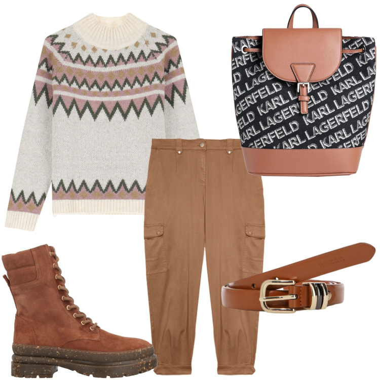 Outfit donna - Il maglione con ricamo. Stile Casual per Tutti i giorni. Abbinamento con anfibi, zaini, maglieria, cinture, pantaloni cargo.