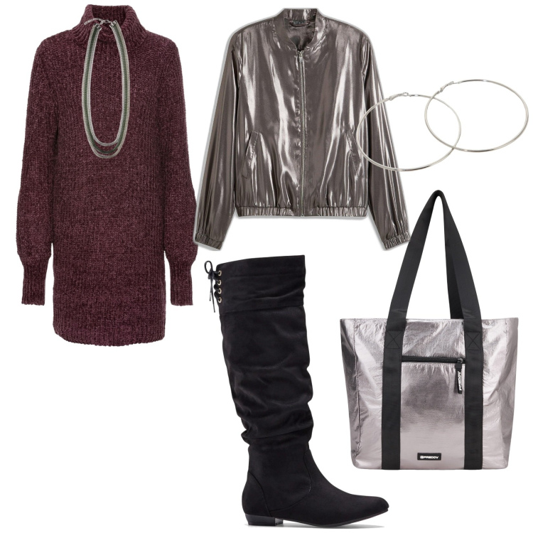 Outfit donna - Pizza. per Serata fuori. Abbinamento con stivali, vestiti, bomber, orecchini, shopping bag, collane.