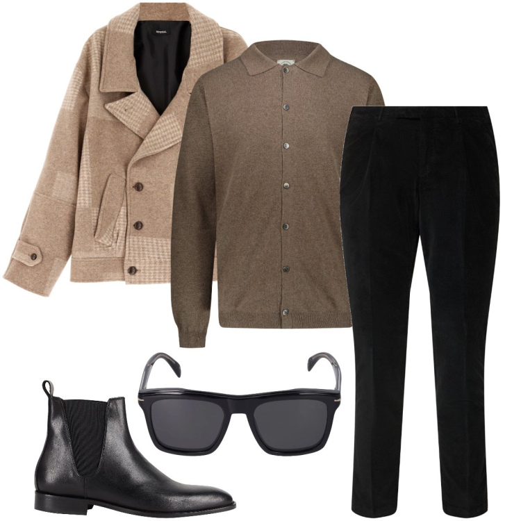 Outfit uomo - Colloquio di lavoro. Stile Business/Elegante per Ufficio. Abbinamento con stivali e stivaletti, cappotti, polo, occhiali da sole, pantaloni.