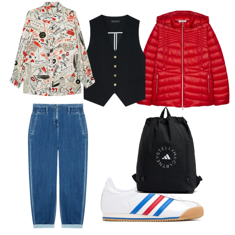 Outfit donna - Uscita fuori porta. per Tutti i giorni. Abbinamento con gilet, jeans, camicie, zaini, sneakers, piumini.