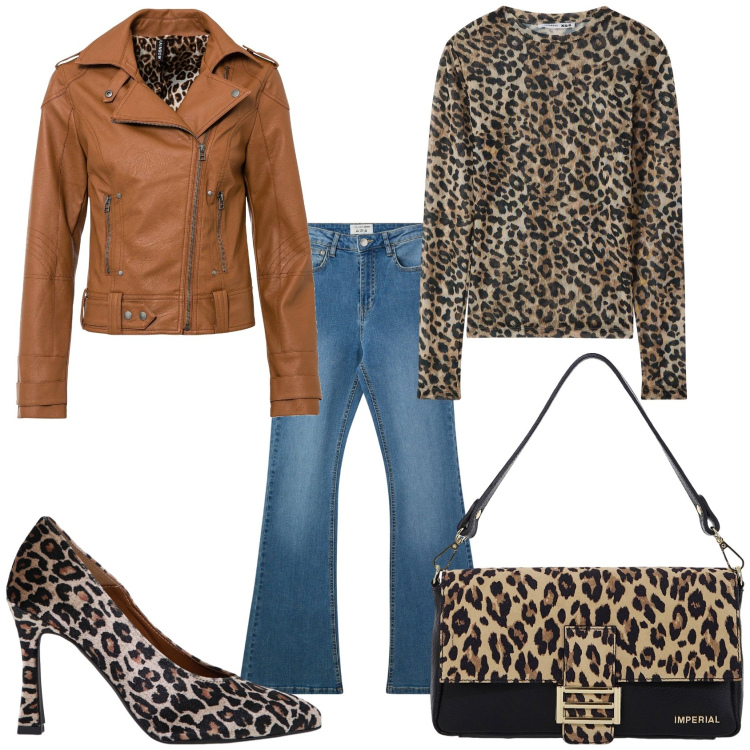 Outfit donna - Leopardato e jeans. Stile Glamour per Tutti i giorni. Abbinamento con blazer, jeans a zampa, maglieria, borse a spalla, décolleté.