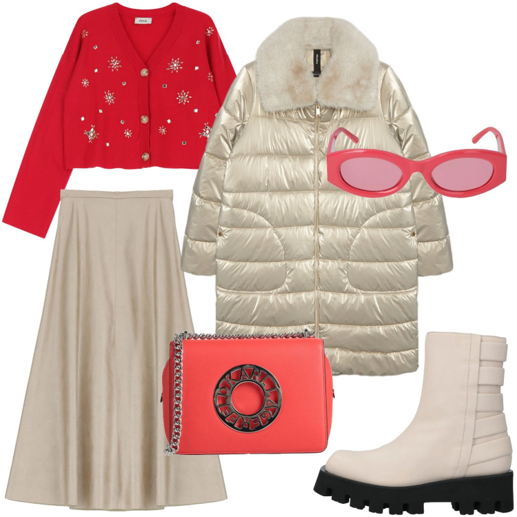 Outfit donna - La borsa con catena. Stile Basic per Tutti i giorni. Abbinamento con borse a tracolla, stivaletti, cardigans, gonne, occhiali da sole, piumini.