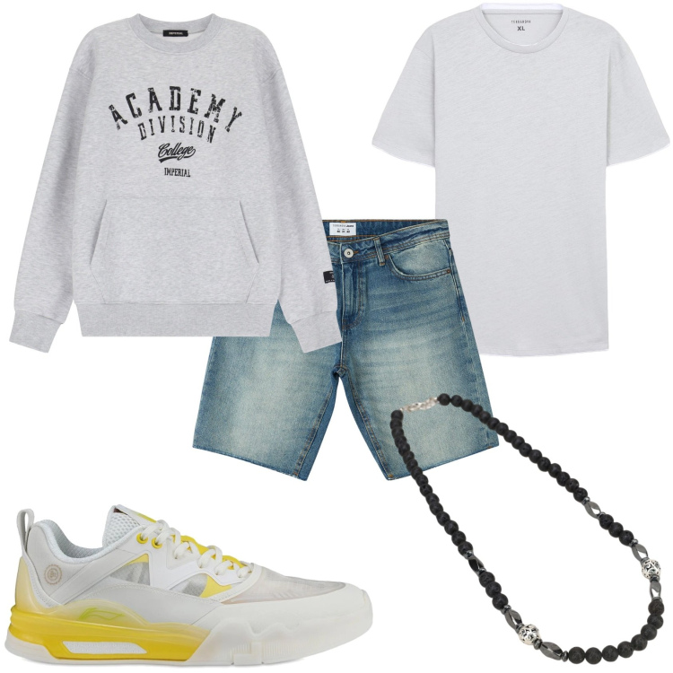 Outfit uomo - Una giornata estiva. Stile Urban per Tutti i giorni. Abbinamento con t-shirt, bermuda, collane, felpe, sneakers.