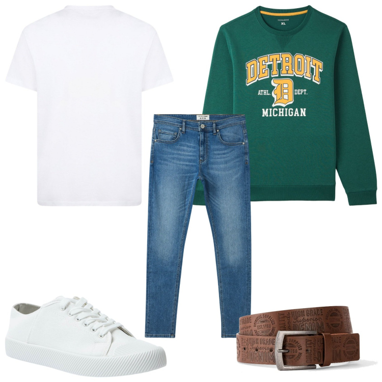 Outfit uomo - Classico jeans e felpa. Stile Casual per Tutti i giorni. Abbinamento con cinture, jeans slim fit, felpe, sneakers, t-shirt.