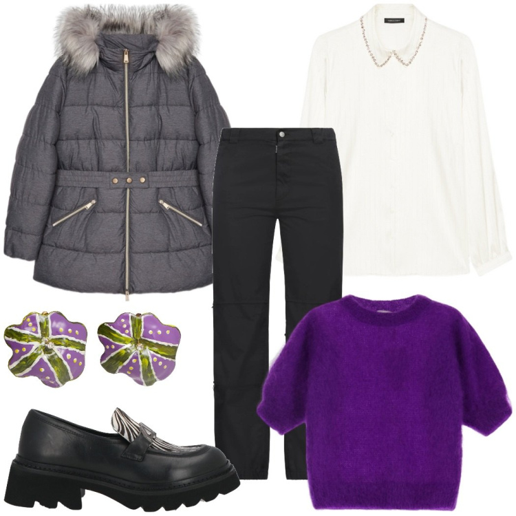 Outfit donna - Passeggiata in centro. Stile Urban per Tutti i giorni. Abbinamento con pantaloni, orecchini, mocassini, maglieria, camicie, piumini.