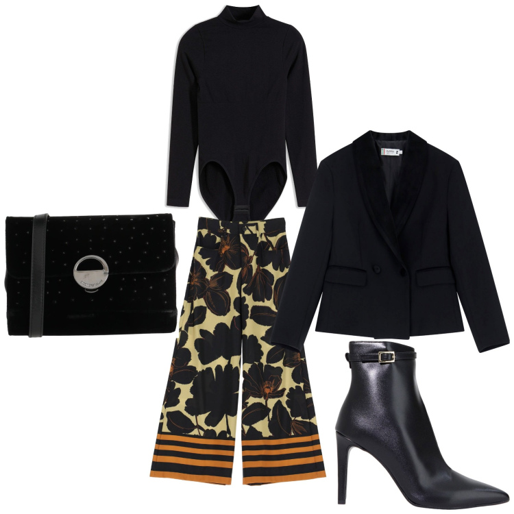 Outfit donna - Al compleanno. Stile Chic per Serata fuori. Abbinamento con body, borse a tracolla, blazer, stivaletti, pantaloni a palazzo.