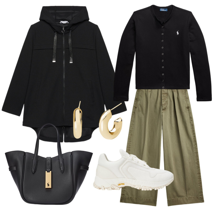 Outfit donna - Sportiva con stile. Stile Casual chic per Tutti i giorni. Abbinamento con orecchini, cardigans, pantaloni, sneakers, borse tote, parka.