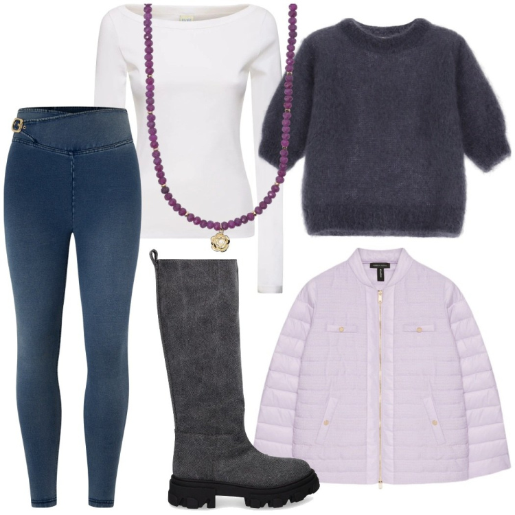 Outfit donna - Pomeriggio in città. Stile Urban per Tutti i giorni. Abbinamento con collane, jeggings, maglieria, piumini, t-shirt, stivali.