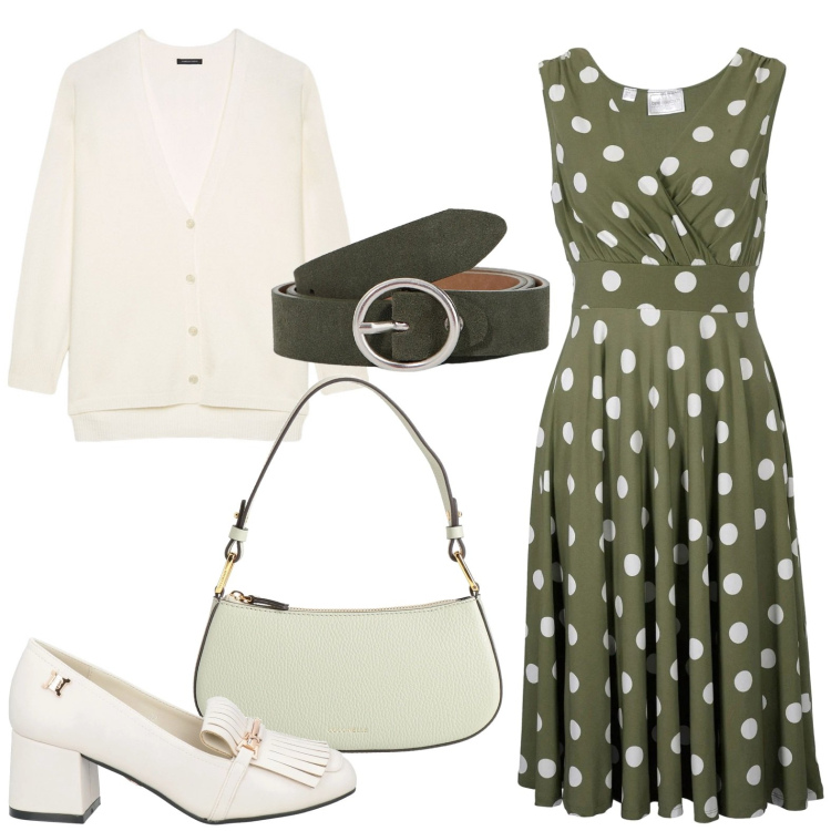Outfit donna - Il ritorno dei pois. Stile Bon Ton per Ufficio. Abbinamento con vestiti, borse a mano, mocassini, cinture, cardigans.
