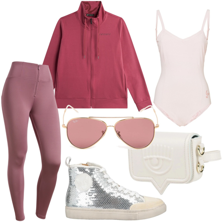 Outfit donna - Sporty glam. Stile Sporty chic per Sport. Abbinamento con marsupi, sneakers alte, body, pantaloni skinny, felpe, occhiali da sole.