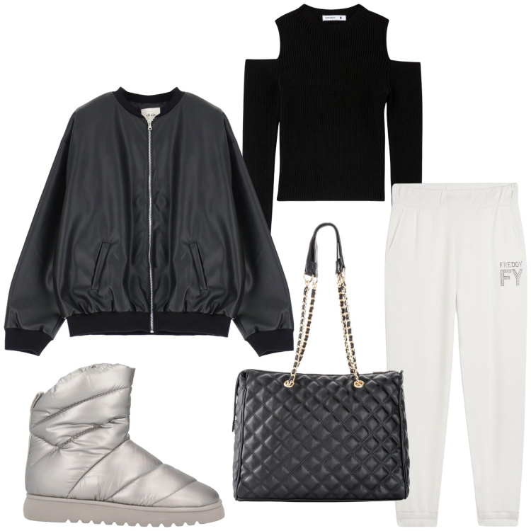 Outfit donna - Bomber chic. Stile Trendy per Tutti i giorni. Abbinamento con shopping bag, stivaletti, maglieria, pantaloni, bomber.