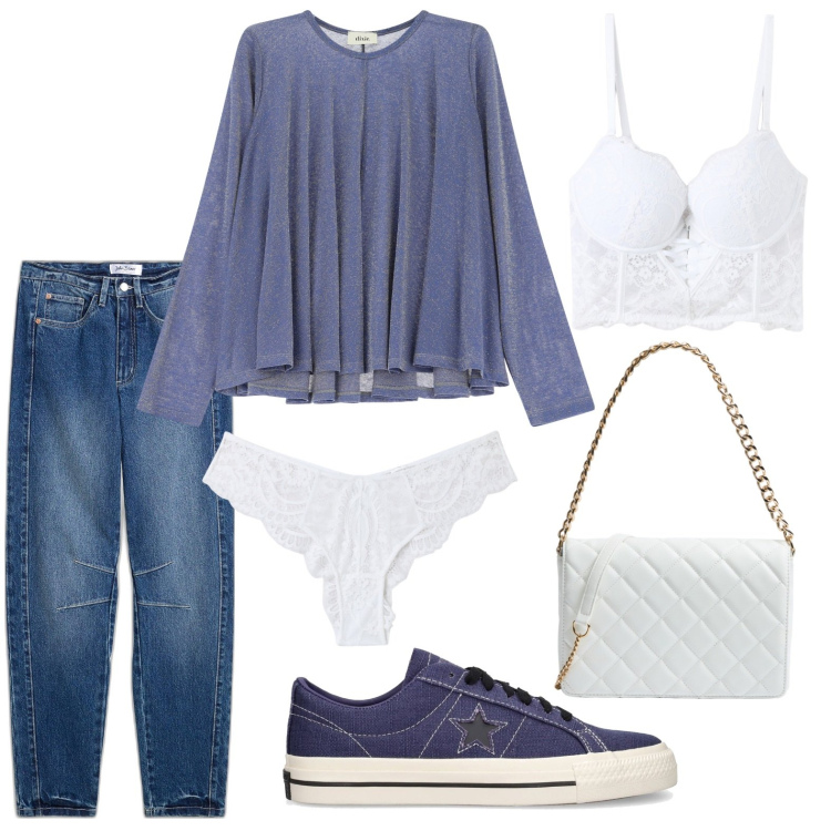 Outfit donna - Blu iconico. Stile Casual per Scuola/Università. Abbinamento con jeans mom, body, culotte, borse a tracolla, maglieria, sneakers.