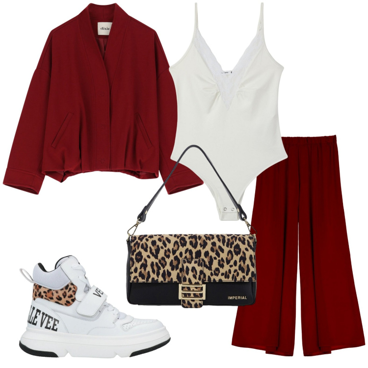 Outfit donna - Spigliata con l\'animalier. Stile Glamour per Ufficio. Abbinamento con sneakers, body, borse a spalla, pantaloni, blazer.