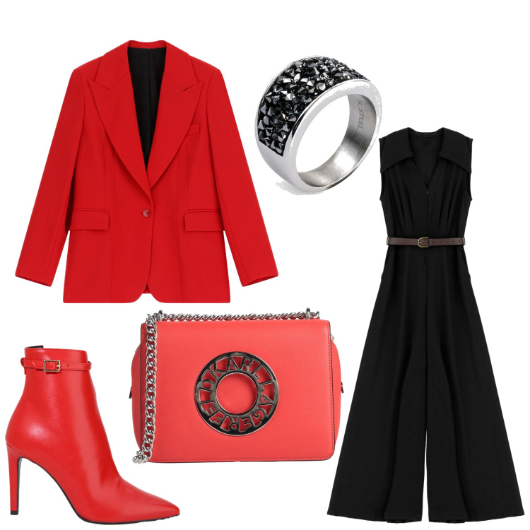 Outfit donna - Jumpsuit da sera. Stile Chic per Serata fuori. Abbinamento con anelli, borse a tracolla, blazer, stivaletti, tute.