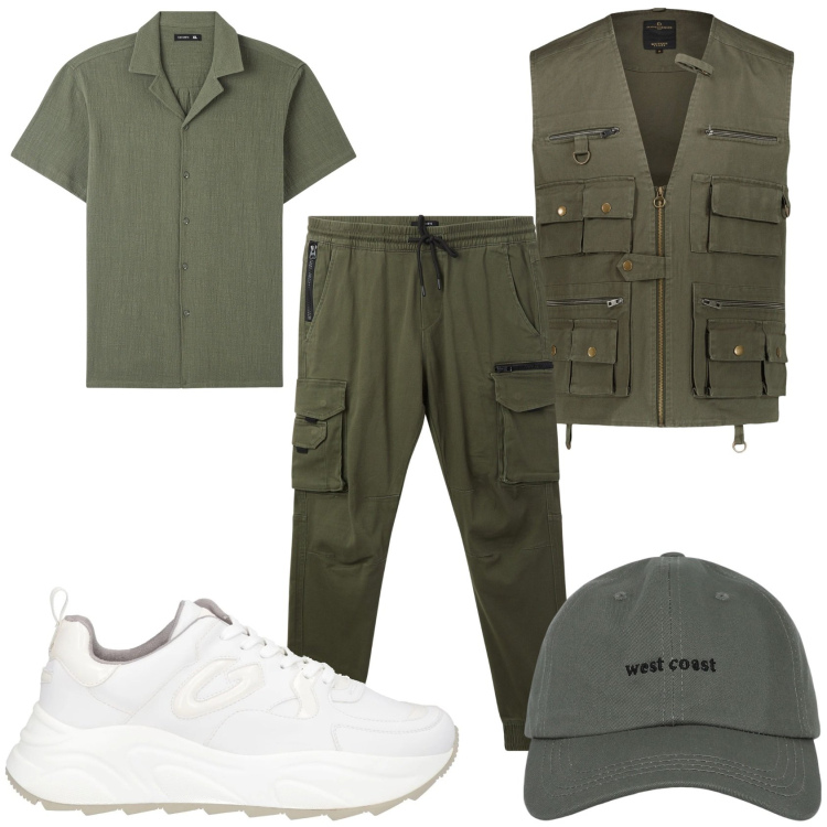 Outfit uomo - Giorno al lago. Stile Urban per Tutti i giorni. Abbinamento con sneakers, gilet, pantaloni cargo, camicie a manica corta, cappelli con visiera.