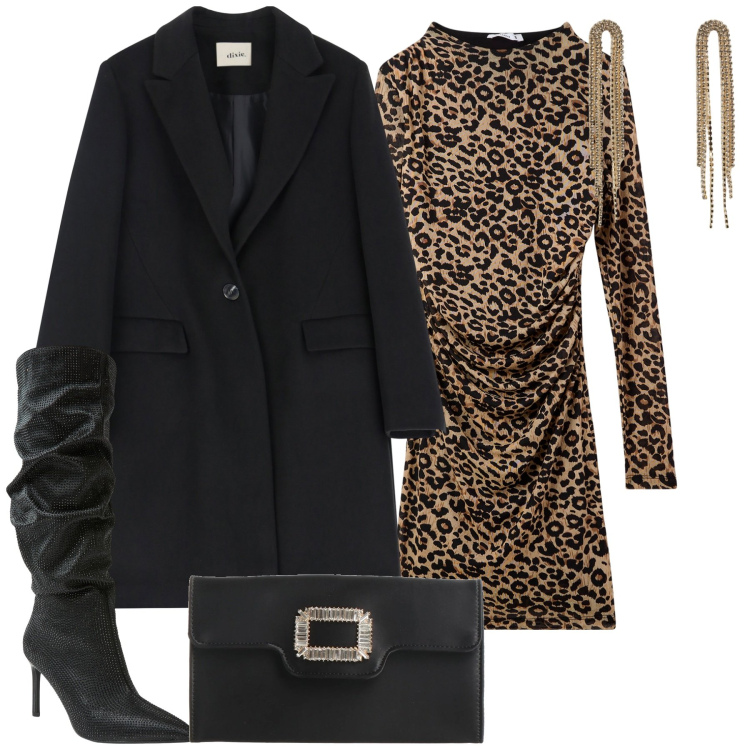 Outfit donna - Serata. Stile Glamour per Serata fuori. Abbinamento con borse a mano, orecchini, vestiti lunghi, stivali, cappotti.