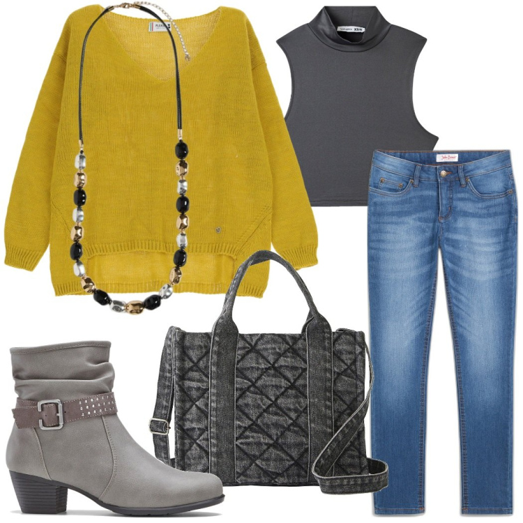 Outfit donna - Look casual per l\'ufficio o la lezione. Stile Casual per Tutti i giorni. Abbinamento con jeans skinny, borse a mano, stivaletti, top, maglieria, collane.
