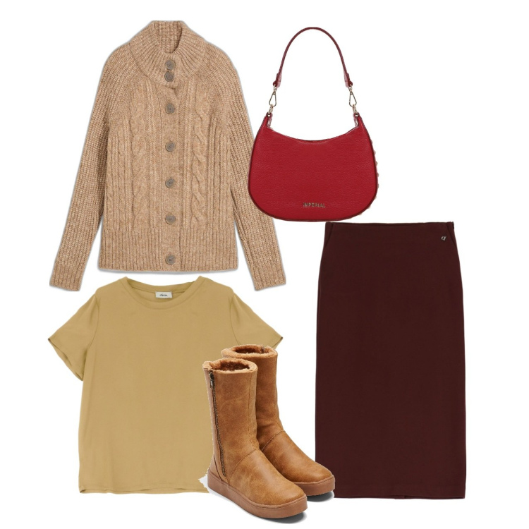 Outfit donna - Il cardigan nocciola. Stile Bon Ton per Tutti i giorni. Abbinamento con stivali, cardigans, borse a spalla, gonne, t-shirt.