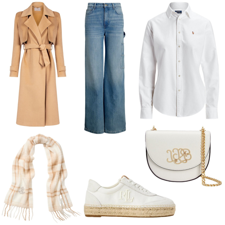 Outfit donna - Total look #2046082. Stile Casual chic per Serata fuori. Abbinamento con cappotti, sneakers, camicie, borse a tracolla, sciarpe, jeans.