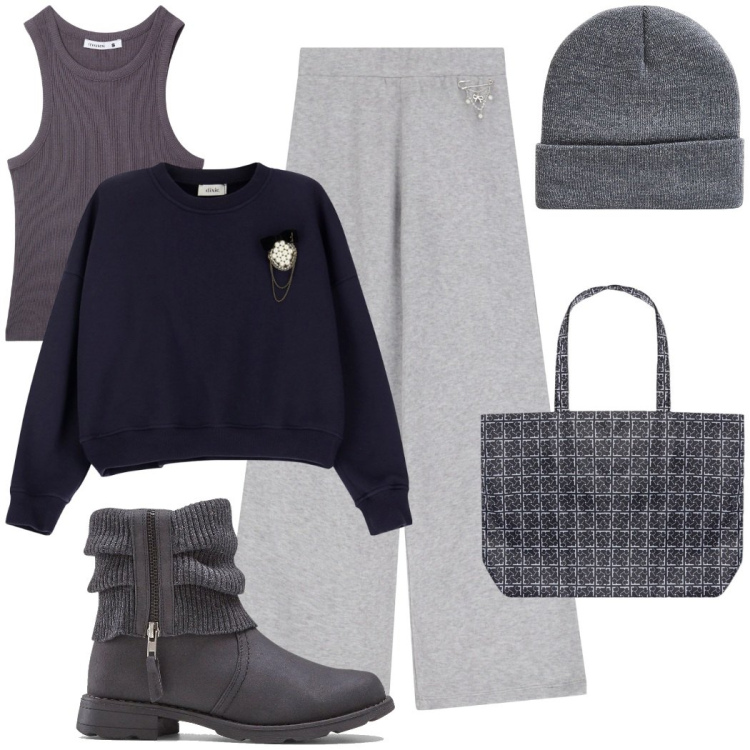 Outfit donna - Al mare d\'inverno. Stile Casual chic per Tutti i giorni. Abbinamento con stivaletti, top sportivi, berretti, pantaloni, felpe, shopping bag.