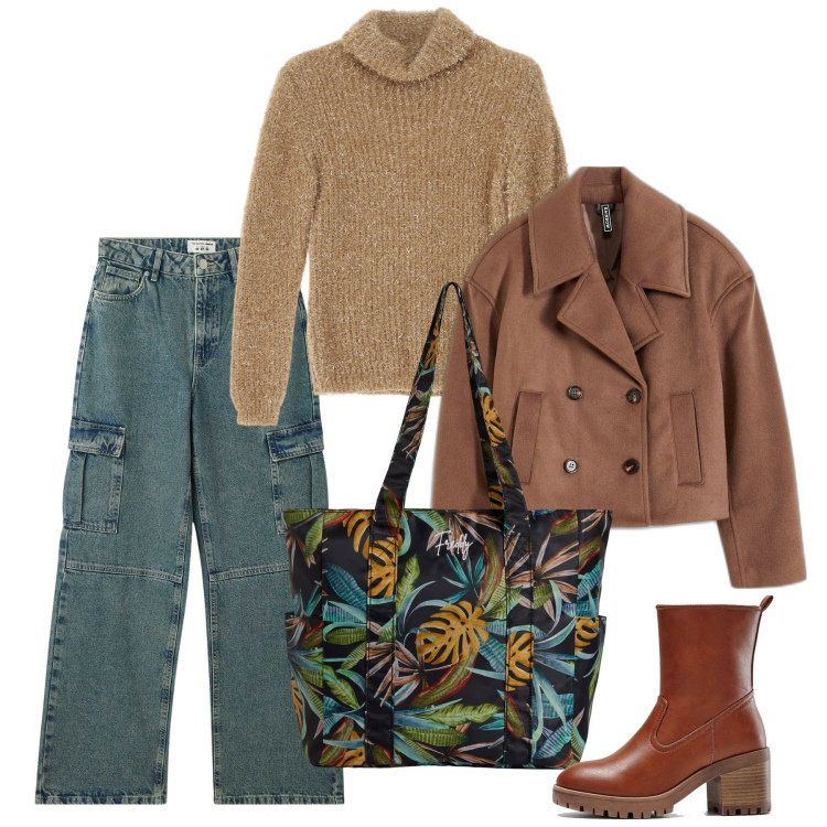 Outfit donna - Gennaio. Stile Casual per Tutti i giorni. Abbinamento con stivaletti, caban, jeans, maglieria, shopping bag.