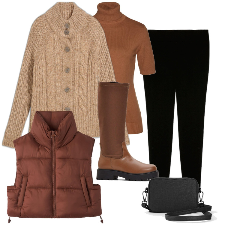 Outfit donna - Freddo non ti temo. Stile Casual chic Abbinamento con borse a tracolla, maglieria, stivali, cardigans, piumini, pantaloni skinny.