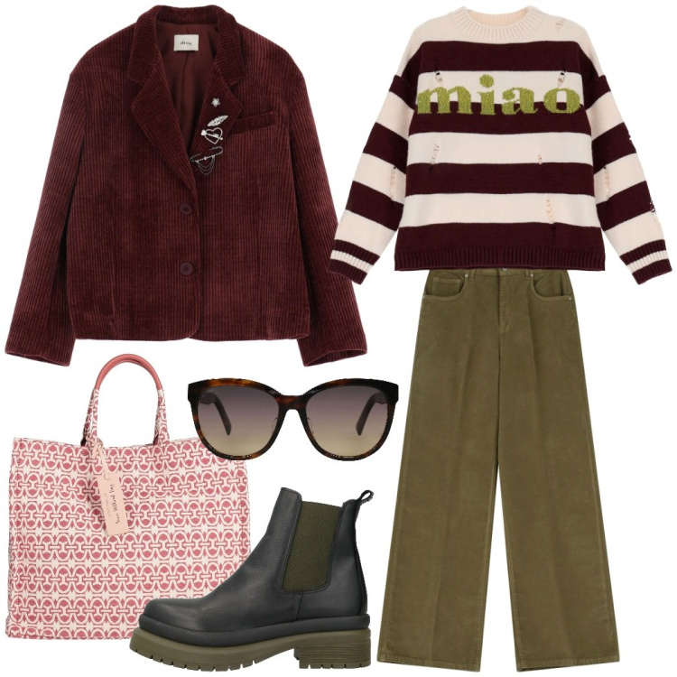 Outfit donna - Weekend fuori città. Stile Casual chic per Tutti i giorni. Abbinamento con stivaletti, occhiali da sole, borse a mano, pullovers, pantaloni, blazer.