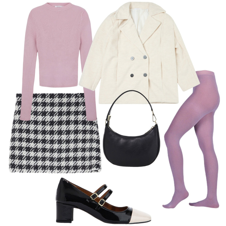 Outfit donna - Collant e mini. Stile Trendy per Tutti i giorni. Abbinamento con cappotti, maglieria, décolleté, collant, borse a spalla, minigonne.