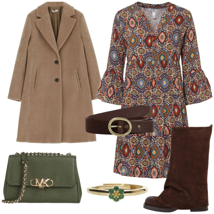 Outfit donna - Boho chic. Stile Boho per Tutti i giorni. Abbinamento con vestiti corti, borse a tracolla, anelli, cappotti, cinture, stivali.