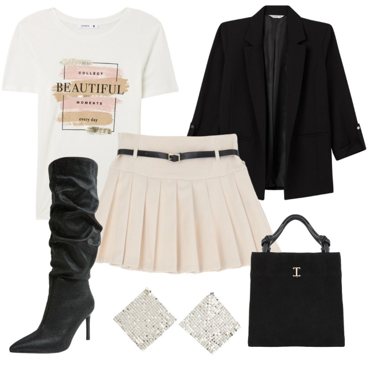 Outfit donna - Serata all\'insegna del divertimento. Stile Glamour per Serata fuori. Abbinamento con orecchini, blazer, stivali, t-shirt, minigonne, shopping bag.