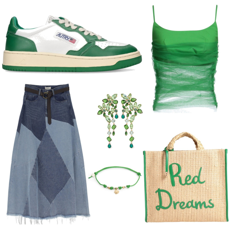 Outfit donna - Primavera. Stile Romantica Abbinamento con borse a mano, top, gonne longuette, sneakers, orecchini, braccialetti.