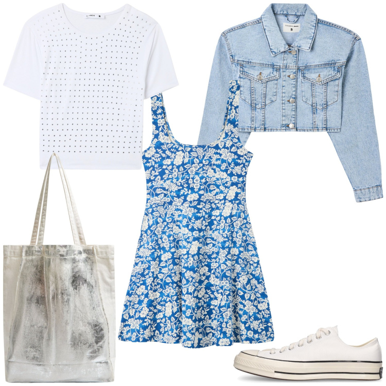 Outfit donna - La t-shirt sotto l\'abito - anni \'90. Stile Basic per Tutti i giorni. Abbinamento con blazer, t-shirt, shopping bag, vestiti corti, sneakers.