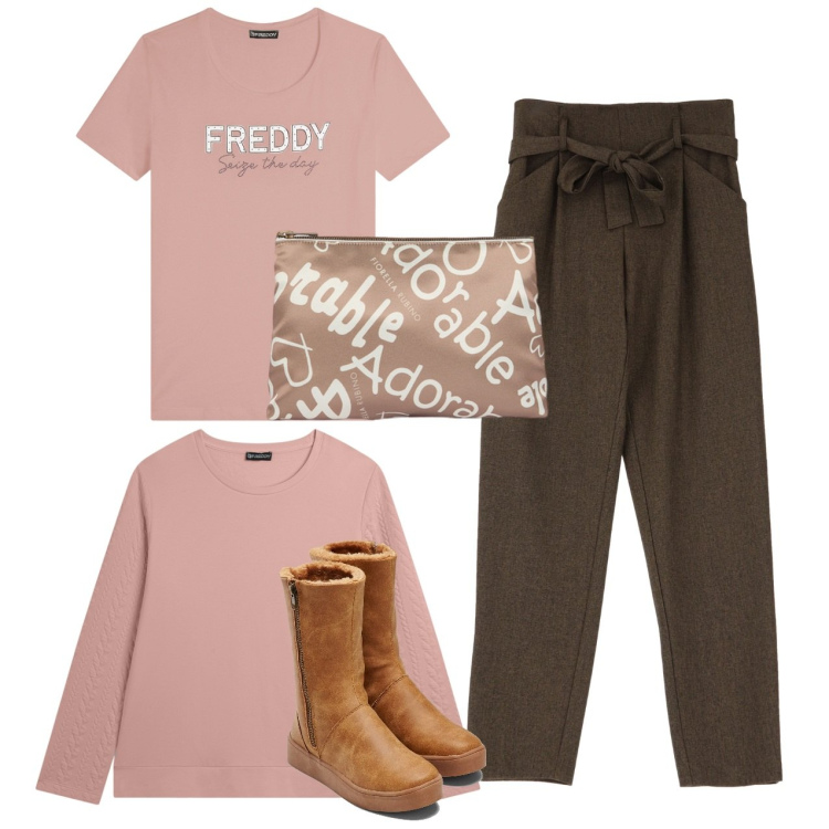 Outfit donna - Rosa pastello. Stile Bon Ton per Tutti i giorni. Abbinamento con stivali, pantaloni, felpe, t-shirt, pochette.