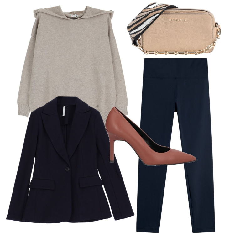 Outfit donna - Il completo blu. Stile Bon Ton per Tutti i giorni. Abbinamento con borse a tracolla, décolleté, pullovers, blazer, leggings.