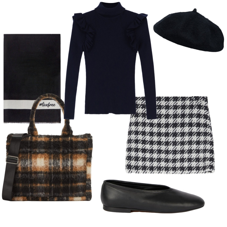Outfit donna - Giornata uggiosa. Stile Bon Ton per Tutti i giorni. Abbinamento con shopping bag, maglieria, minigonne, cappelli e berretti, ballerine, sciarpe.