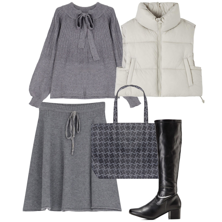 Outfit donna - Grey day. Stile Bon Ton per Tutti i giorni. Abbinamento con stivali, piumini, minigonne, pullovers, shopping bag.