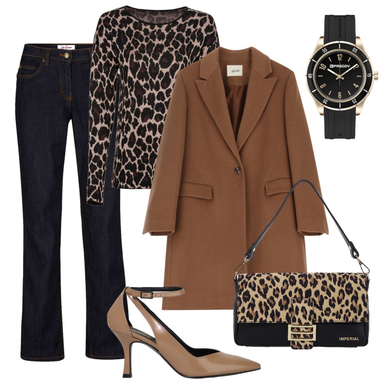 Outfit donna - Serata con gli amici. Stile Casual chic per Serata fuori. Abbinamento con jeans dritti, maglieria, borse a spalla, orologi, cappotti, décolleté.