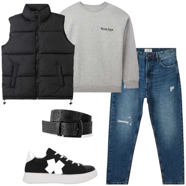 Outfit uomo - Total look #2046158. Stile Casual per Tutti i giorni. Abbinamento con cinture, sneakers, jeans strappati, piumini, felpe.
