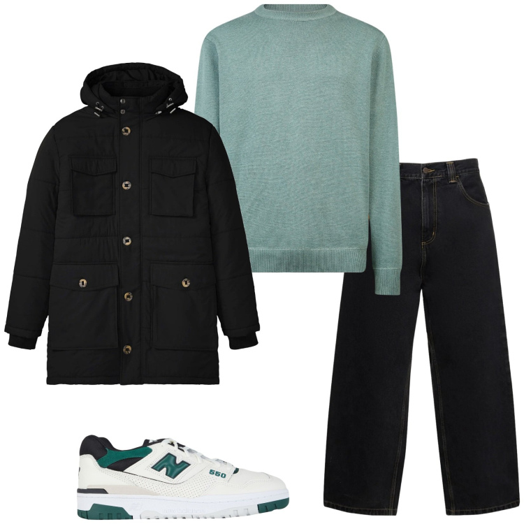 Outfit uomo - Total look #2046163. Stile Casual per Tutti i giorni. Abbinamento con parka, sneakers, jeans, maglieria.