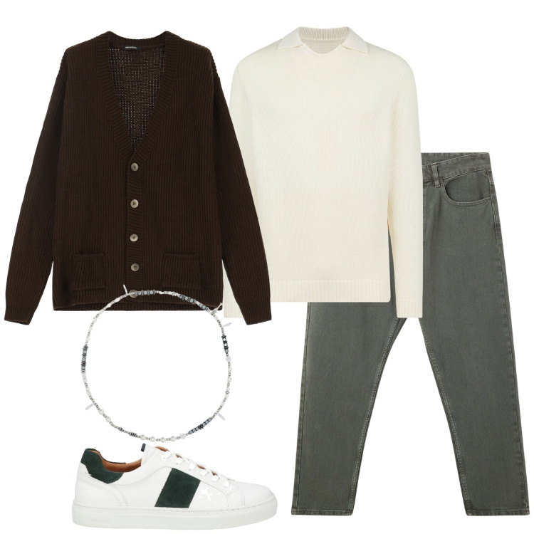 Outfit uomo - Total look #2046169. Stile Casual per Tutti i giorni. Abbinamento con sneakers, pantaloni, cardigans, collane, maglieria.