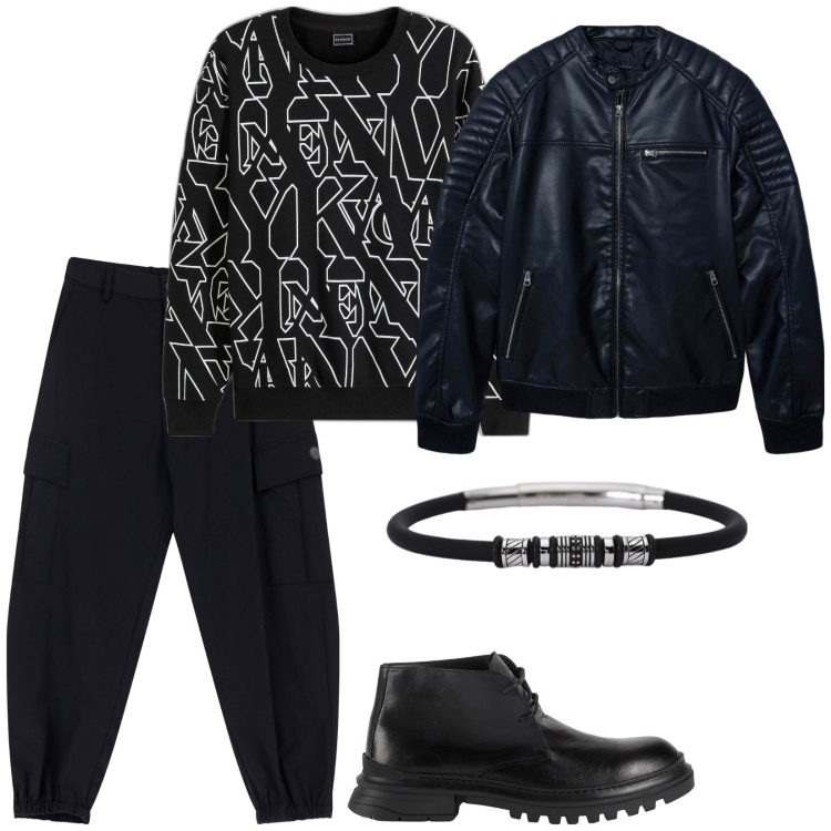 Outfit uomo - Out with Friends. Stile Casual per Serata speciale. Abbinamento con felpe, stivali e stivaletti, giacche, braccialetti, pantaloni cargo.