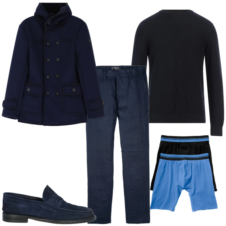 Outfit uomo - Deep blue. Stile Trendy per Tutti i giorni. Abbinamento con boxer, pantaloni, scarpe stringate, pullovers, giacche.